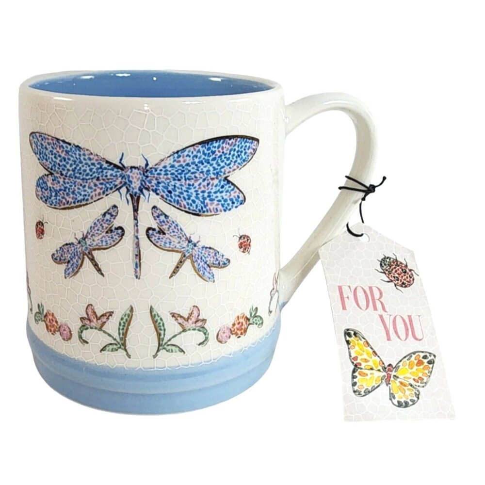 Seeds & Sunshine Dragonfly Floral Large Coffee Tea Cup Mug Blue White Crackle